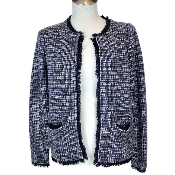 J Crew Knit Tweed Cardigan Blazer Jacket Sz S Lined Fringe Detail Hook Eye Close - Picture 7 of 15